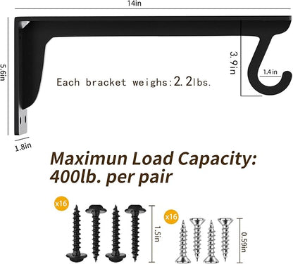 Closet Rod Support Bracket WYGWP 14 inch Heavy Duty Shelf Brackets with Rod Holders Support 400lbs Wall Mounted Sturdy 2 Pack