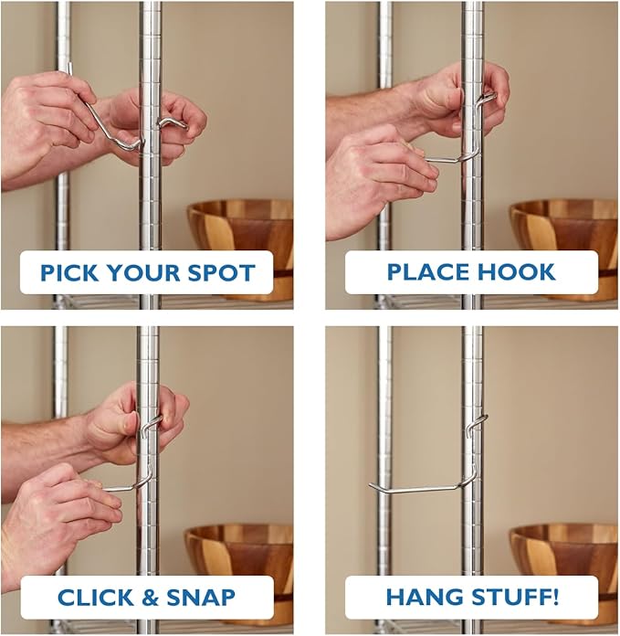Shelf Pole Hooks 5-Pack | Chrome J Hooks for 1-Inch Poles | Snap-On Hooks for Wire & Metal Shelving | Kitchen, Garage & Home Organization