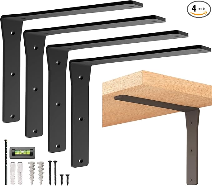 4 Pack Heavy Duty Shelf Brackets 12 Inch by Balin Designs – Decorative L Bracket for Shelves, Metal Shelf Support Bracket, Wall Mounted Countertop Iron Corbels, Floating Black Shelving Brackets