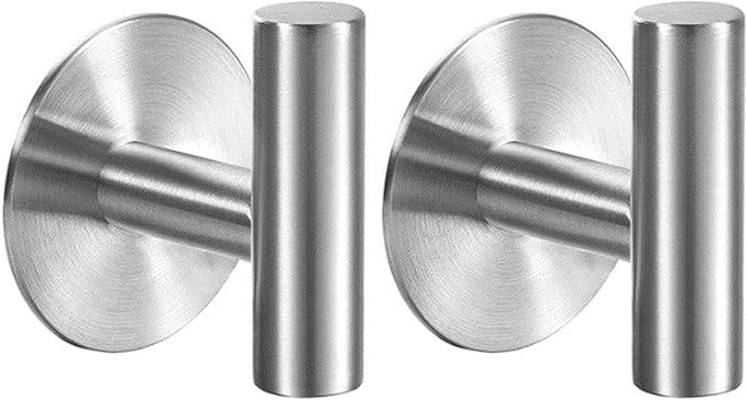 Adhesive Towel Hooks Heavy Duty Wall Hooks Stainless Steel Waterproof Shower Towel Hooks, Coat Hook for Hanging Clothes, Adhesive Hook for Bathroom, Glass Window, Kitchen- 2 Pack, Silver