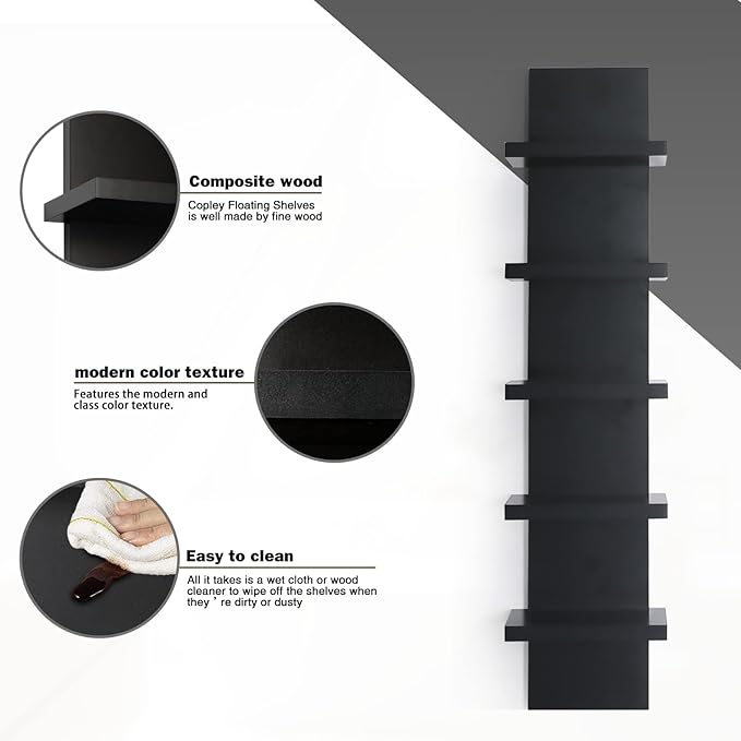5 Tier Wall Shelves Black, Vertical Column Shelf Floating Storage Home Decor Organizer Design Utility Shelving Bedroom Living Room, 30.7