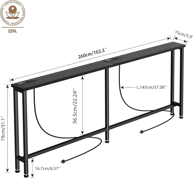 102" Narrow Console Sofa Table - 2 Power Outlets & 4 USB Ports, Metal Frame, Black, Perfect for Hallway, Office, and Behind Sofa - Easy Assembly, 4.9' Extension Cord Included