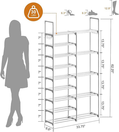 WOWLIVE 9 Tiers White Shoe Rack for Closet Shoe Rack Storage Organizer for Entryway 30-35 Pairs Stackable Shoe Shelf for Front Entrance Metal Pipes with Plastic Connectors