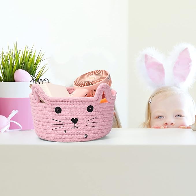Zopeal Cat Basket Storage Woven Organizer with Ears Easter Decorative Gift Pet Toy Cute Cotton Rope Basket for Gift Cat Dog Toy Bin Nursery Room(8.3 x 4.7 Inch,Pink)