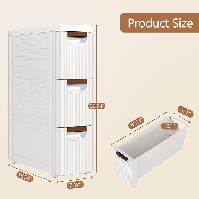 VECELO 3-Drawer Narrow Bathroom Storage Cabinet, Mobile Plastic Slim Rolling Organizer Cart with Built-in 4 Wheels for Living Room, Kitchen, Bathroom, Bedroom, Office, White(16.5" x 7.5" x 22.2")