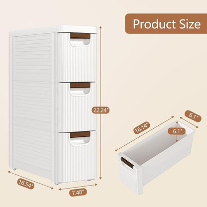 VECELO 3-Drawer Narrow Bathroom Storage Cabinet, Mobile Plastic Slim Rolling Organizer Cart with Built-in 4 Wheels for Living Room, Kitchen, Bathroom, Bedroom, Office, White(16.5" x 7.5" x 22.2")