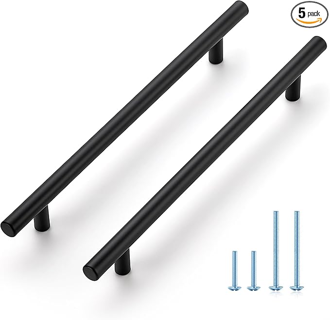 JOY DECOR 5 Pack 10 Inch Cabinet Pulls Kitchen Cabinet Handles with 7-1/2 Inch Hole Center Matte Black Cabinet Hardware Stainless Steel Kitchen Drawer Pulls for Cabinets Cupboard, 192mm Hole Centers