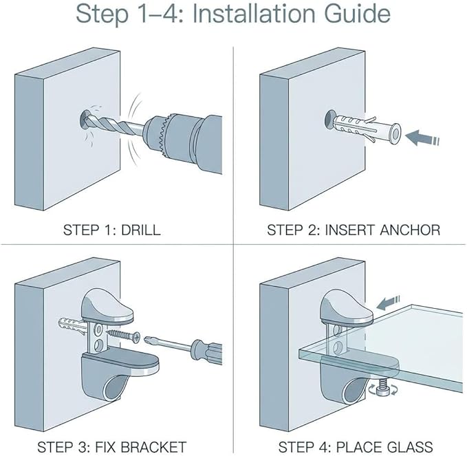 QWORK Adjustable Zinc Alloy Glass Shelf Brackets 8 Pack – Stable Support for Bathroom, Kitchen & Display Shelving