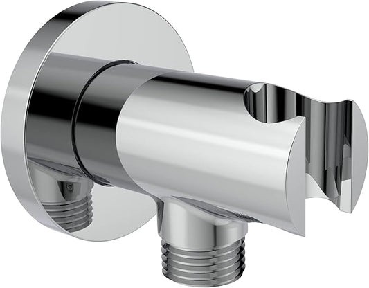 Aquaiaw Wall Supply Elbow with O-Ring Flange, Tapered 1/2 NPT Female Inlet, Solid Brass Wall Union W/Handshower Holder, Round Wall Supply Elbow W/Hand Shower bracket, Polished Chrome, G1/2 Outlet