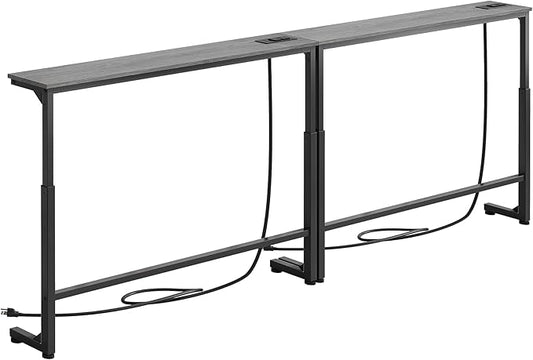 Kitstorack 2-Pack Dark Gray Long Sofa Table Behind Couch, Adjustable Height (25"-33") & 2 Power Outlets, Narrow Console Table, 5.9" D x 79" L, Thin, Split Design for Separate Use