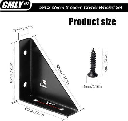 Corner Brace Brackets,18Pcs 66mm x 66mm Corner Braces for Wood, Metal Corner Brackets, Triangle Shelf Bracket, Black Angle Bracket, Corner Desk Connector for Bed, Table, Cabinet
