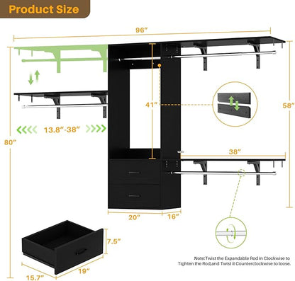 Closet System, 4-8ft Wood Closet Organizer System with 2 Wooden Drawers, Walk-in Wardrobe Clothes Rack with 4 Hanging Rods, Adjustable Heavy Duty Garment Rack,Black