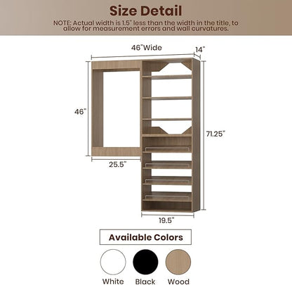 ROOMTEC Modular Closet System, 46" Wall Mounted Closet Organizer with Hanging Rods and Shoe Shelf, Wooden Tower for Walk-In Closets, Wardrobe Storage Kit, Wood