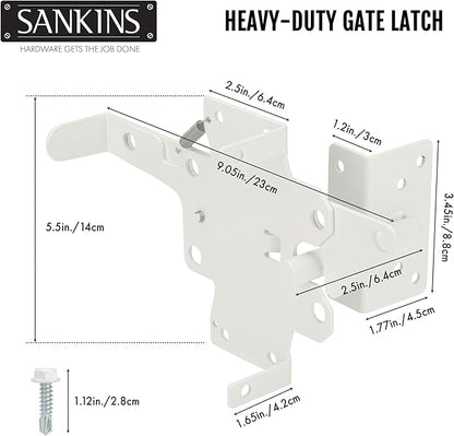 Self-Locking Gate Latch Heavy Duty Post Mount Automatic Gravity Lever for Wooden/PVC Fence, Door Lock with Fasteners Hardware for Secure Pool |Yard | Garden, Steel, White
