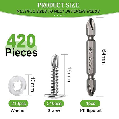 mxuteuk 420PCS #8×3/4" Self Tapping Screws,410 Stainless Steel Self Drilling Screws,Phillips Modified Truss Head Self Tapping Screw for Metal,Plastic,Wood(210pcs Silver Screw+210pcs Washer)