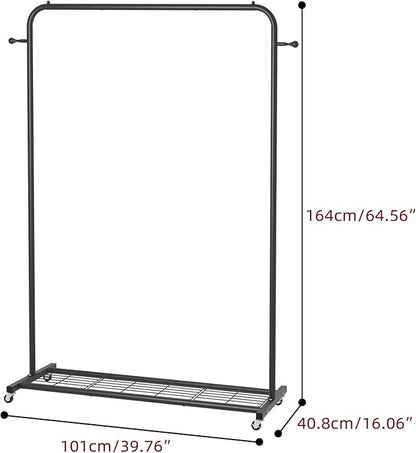 Sywhitta Clothing Rack on Wheels with Mesh Storage Shelf & Sturdy Metal Frame, Rolling Garment Rack for Hanging Clothes, Coats, Skirts, 39.76" L x 16" W x 64.56" H,Black