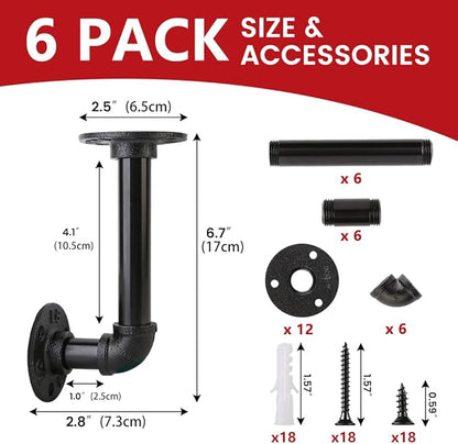 6 Pack Shelf Brackets for 7-14 in Floating Wooden Board Pipe Shelf Brackets, Heavy Duty Pipe Shelving Bracket, L Industrial Shelving Brackets, Shelves Bracket, Black