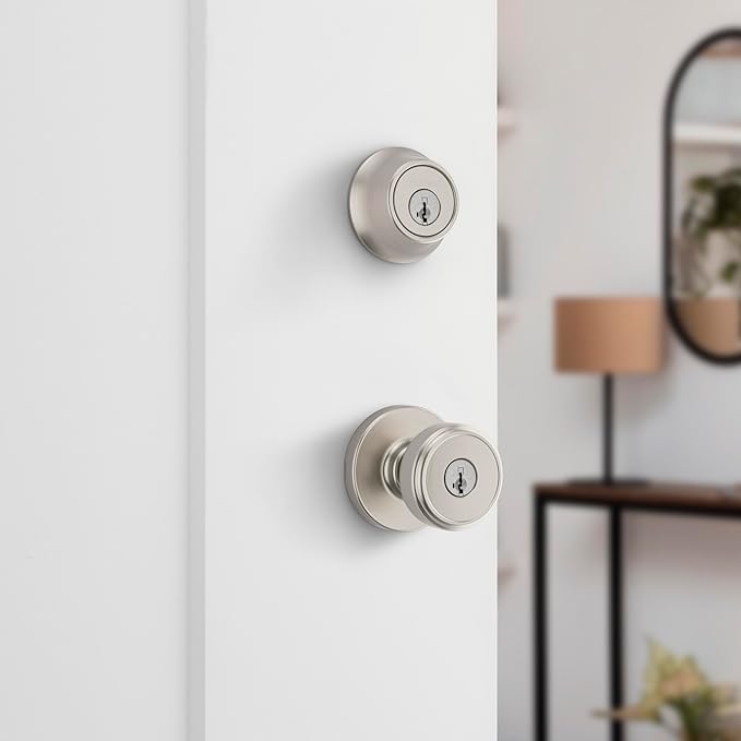 Kwikset Maven Front Door Lock Handle and Deadbolt Set, Entry Handleset Round Exterior with Interior Door Knob, Secure Locking Deadbolt, Satin Nickel, with Microban Protection