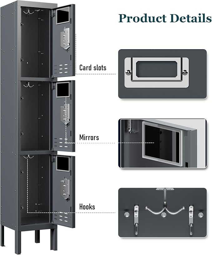 Metal Storage Locker with Lock & Card Slot Locker - Secure Lockable Door - Steel Locker for School, Office, Gym, Home - 66.15" H x 11.8" W x 11.8" D（3 Door, Grey）