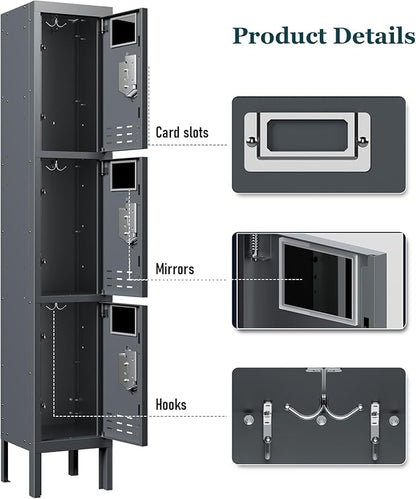 Metal Storage Locker with Lock & Card Slot Locker - Secure Lockable Door - Steel Locker for School, Office, Gym, Home - 66.15" H x 11.8" W x 11.8" D（3 Door, Grey）