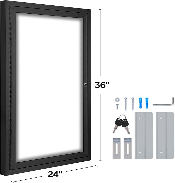 INNOVART Enclosed Bulletin Board 36”x24”, Lockable Dry Erase Noticeboard with Black Aluminum Frame, Outdoor Enclosed Whiteboard Weatherproof, Wall Display Case with Swing-Open Door Information Cabinet