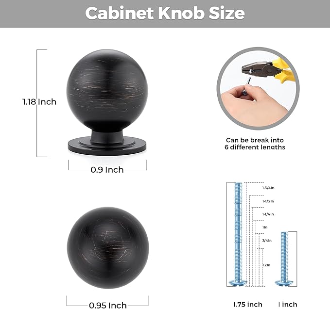 4 Pack Oil Rubbed Bronze Cabinet Knobs, Round Dresser Knobs, Ball Kitchen Cabinet Hardware, 0.95" Diameter