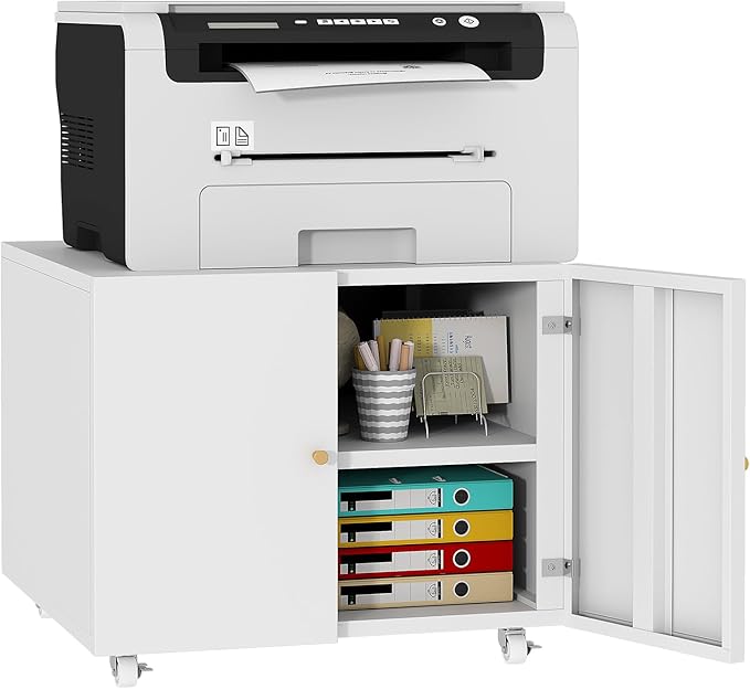 Printer Stand with Storage Cabinet with Wheels,3D Heavy Duty Metal Large Printer Table with Adjustable Shelf for Home Office, Mobile Printer Cart,White,17.7" H
