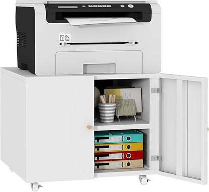 Printer Stand with Storage Cabinet with Wheels,3D Heavy Duty Metal Large Printer Table with Adjustable Shelf for Home Office, Mobile Printer Cart,White,17.7" H
