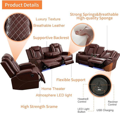 Living Room Furniture Sets, Power Recliner Sofa Set, Modern Leather Reclining Couch Furniture Set for Living Room, Includes 2 Recliner Chairs and 1 3-Seater Reclining Couch for Home and Office