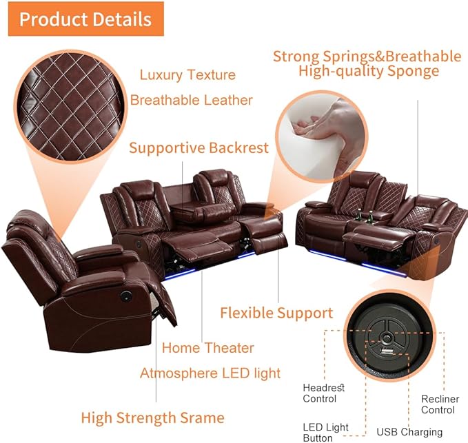 3 Seat Recliner Sofa for Living Room,Living Room Furniture Sets Recling Couch with LED, Soft Brown Leather Power Reclining Sofa with Cup Holders,Storage,Breathing Leather for Home/Office