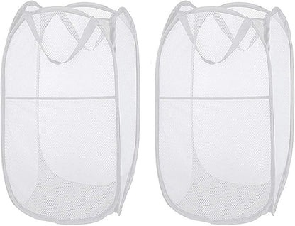 Larpur Pop Up Laundry Hampers, Portable Mesh Laundry Baskets, Collapsible Clothes Laundry Bin for Bedroom, Travel, Bathroom, College Dorm, White - 2 Pack