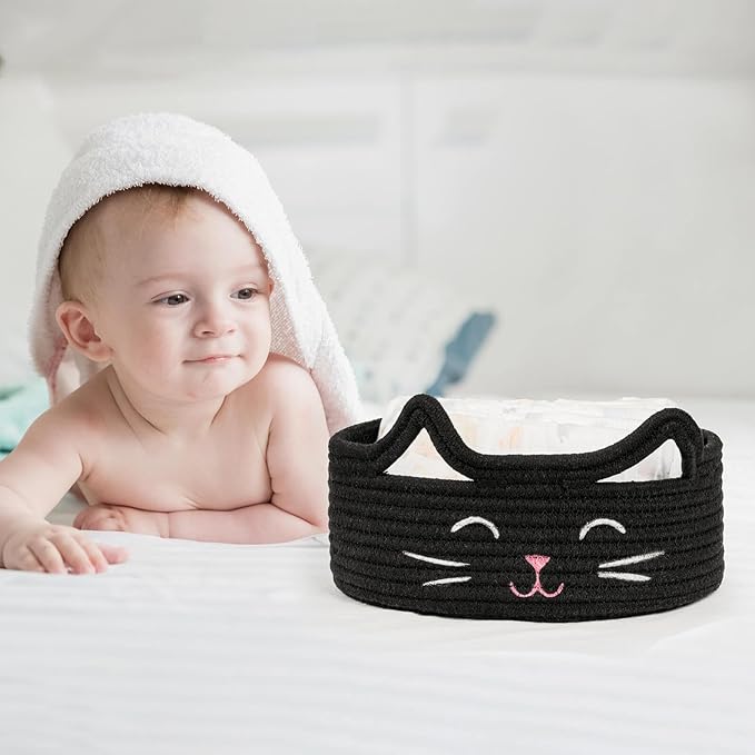 ZLG Black Cat Storage Bin Basket Toy S, Shallow Bin Basket for Table Organize, Bathroom Towel Basket, Empty Gift Bin 9.8 x 4 inches