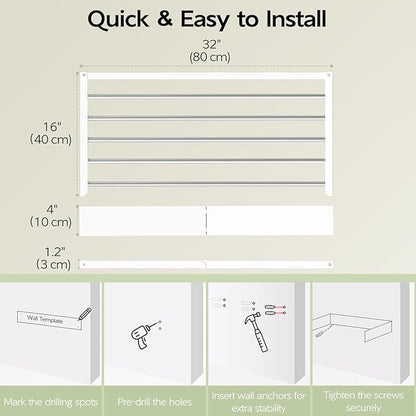 Wall Mounted Clothes Drying Rack 32", Foldable Wall Mount Laundry Rack Folding Indoor, Drying Rack Clothing Collapsible, Hidden Space Saver with Wall Template, 5 Rods, White