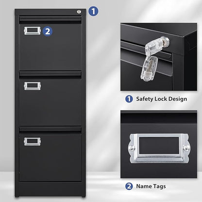 3-Drawer File Cabinet, Locking Metal Vertical File Storage for Home Office, Black, 15" W x 17.7" D x 38.6" H