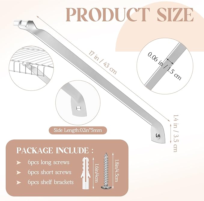 6 Pcs Support Brackets for 12in Wide Shelving Wire Wire Shelf Brackets Closet Rod Bracket Closet Support Bracket with Anchors and Pins for Installation Wires Shelving Supports Closets