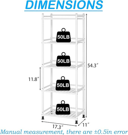 5 Tier Bathroom Storage Open Shelf Unit, Free-Standing Metal Corner Rack Shelving for Kitchen, Living Room, Hallway (White, Wider 5 Tier)