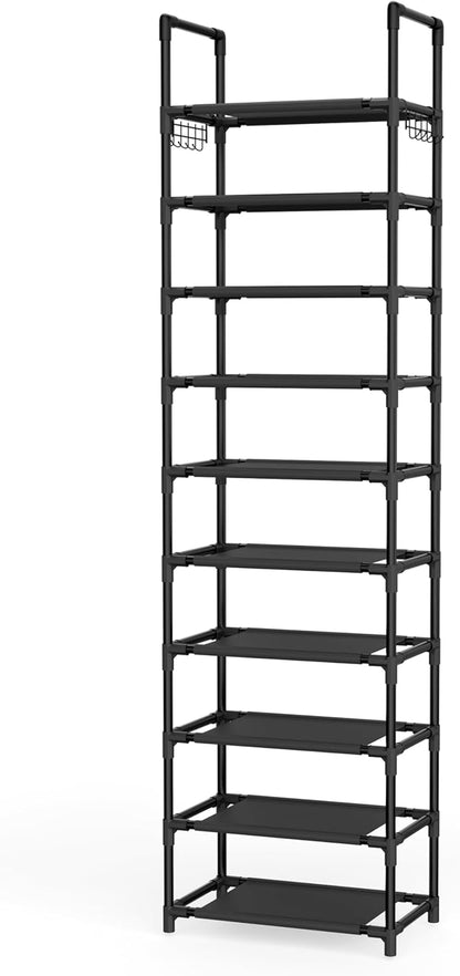 10 Tiers Shoe Rack 25 Pairs Large Capacity Tall Shoe Organizer Sturdy Shoe Storage with Two Hooks Space Saving Metal Narrow Shoe Rack for Closet, Entryway, Bedroom, Black
