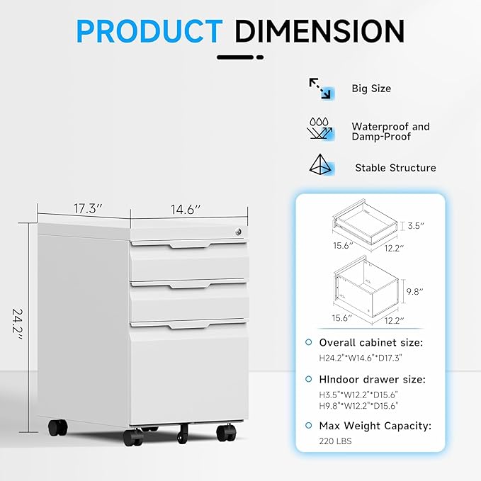 3 Drawer Mobile File Cabinet with Wheels, File Cabinet with Lock, Filing Cabinets for Home Office, Rolling Filing Cabinets Under Desk Storage for Letter/Legal/A4 Files