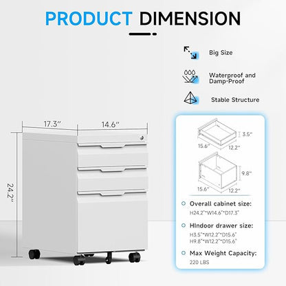3 Drawer Mobile File Cabinet with Wheels, File Cabinet with Lock, Filing Cabinets for Home Office, Rolling Filing Cabinets Under Desk Storage for Letter/Legal/A4 Files