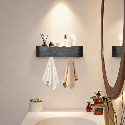 Wall Coat Rack Floating Shelves Modern Coat Rack Wall Mount with Storage Entryway Shelf Wooden Hanger 20 Inch 4 Hidden Metal Hooks for Living Room Bedroom (Wavy Black, 4 Hooks)