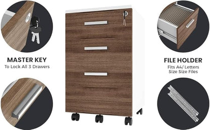 Modern Design Lazio File Cabinet, Filing Cabinets for Home Office, Drawers for Under Desk, Locking 3 Drawer Rolling Filing Cabinet with Lock, Walnut and White, by Crafts and Comfort