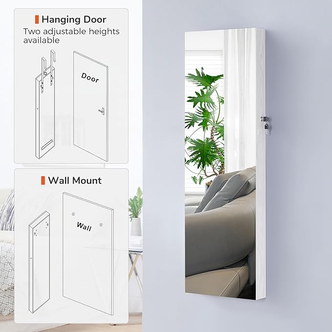 GISSAR Full Length Mirror Jewelry Cabinet, 6 LEDs Jewelry Armoire Wall Mounted Over The Door Hanging, Jewelry Organizer Storage with Lights Lockable White