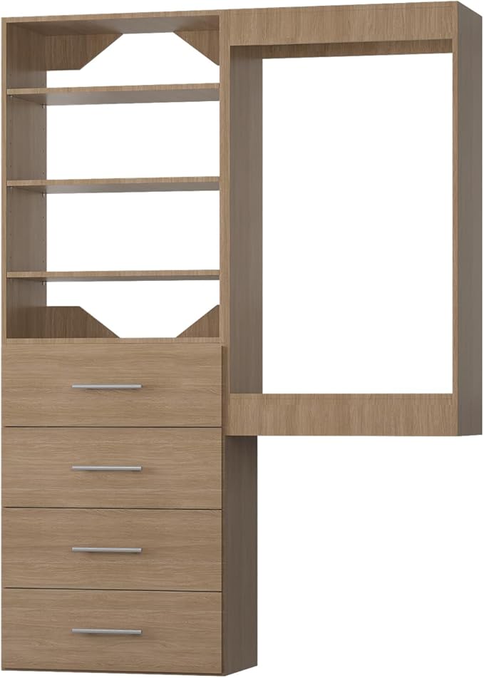 ROOMTEC Modular Closet System, 61" Wall-Mounted Closet Organizer with Drawers and Hanging Rods, Wooden Tower for Walk-In Closets, Wardrobe Storage Kit, Wood