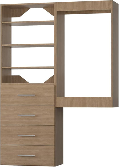 ROOMTEC Modular Closet System, 61" Wall-Mounted Closet Organizer with Drawers and Hanging Rods, Wooden Tower for Walk-In Closets, Wardrobe Storage Kit, Wood