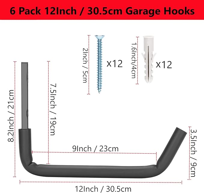 Garage Storage Ladder Hooks with 12" Jumbo Arm, 8 Pack Heavy Duty Wall Mounted Storage Hanger Utility Organizer for Bicycle, Folding Chairs, Bike and Garden Tools