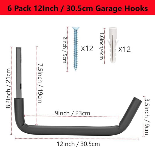Garage Storage Ladder Hooks with 12" Jumbo Arm, 8 Pack Heavy Duty Wall Mounted Storage Hanger Utility Organizer for Bicycle, Folding Chairs, Bike and Garden Tools