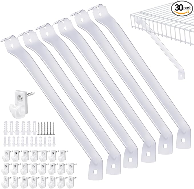 FACULX 6-Pack 12-Inch Support Brackets for Wire Shelving Wire Shelf Brackets + 24 Pcs Wire Shelf Clips, with Anchors and Pins for Installation Wire Shelving Support Brackets for Support Closet Wire