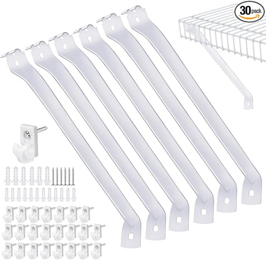 FACULX 6-Pack 12-Inch Support Brackets for Wire Shelving Wire Shelf Brackets + 24 Pcs Wire Shelf Clips, with Anchors and Pins for Installation Wire Shelving Support Brackets for Support Closet Wire