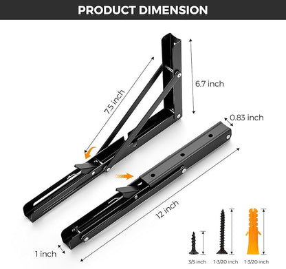 JOY DECOR 12 Inch Heavy Duty Folding Shelf Brackets, 4 Pack (2 Pairs) Collapsible Wall Mounted Brackets for Fold Down Table, Stainless Steel Folding Table Hinge, Matte Black