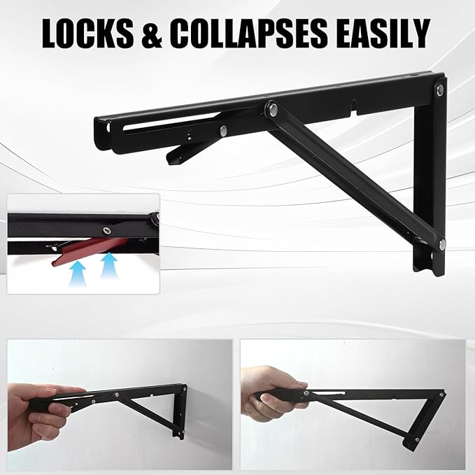 Heavy Duty Black Folding Shelf Brackets (Pack of 2) – 550 lb Max Load, Wall Mounted Space-Saving Brackets for Shelves, Tables, Workbench, DIY Storage – Sturdy Steel Construction